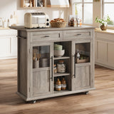 Garvee 41 in Rustic Kitchen Island on Wheels with Wood Drop-Leaf Table, 3-Tier Storage, Mobile Coffee Bar Cart, Light Gray, Compact Workspace - Grey