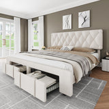 Garvee Queen Size Bed Frame with Storage Drawers, Upholstered Platform Bed Frame with Adjustable Button Tufted Headboard, Mattress Foundation with Solid Wooden Slats Support, No Box Spring Needed - Beige