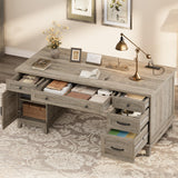 Garvee Farmhouse Executive Desk with File Drawers, Charging Station, Home Office Desk, 60 in, Rustic Gray - Rustic Gray