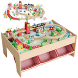Garvee 2-in-1 Wooden Train & Reading Table Set with 90-Piece Railway Tracks and City Theme Accessories, Multi-Purpose Toddler Activity Table, Large Storage Bins, Multi-Level 3D Tracks, Natural Wood Color