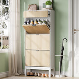 Garvee Shoe Storage Cabinet with 3 Flip Drawers Farmhouse Fluted Organizer for Entryway Narrow Slim Rack White Oak
