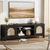 Garvee Boho TV Stand for 70" Inch TV with Rattan Door and Adjustable Shelves, Black, 59 x 23.6 Inches, Living Room Entertainment Center