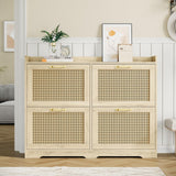 Garvee Rattan Shoe Cabinet With 4 Flip Drawers, Wide Freestanding Shoe Storage Organizer For Entryway, 41.34"d × 9.25"w × 31.89"h, Natural Color