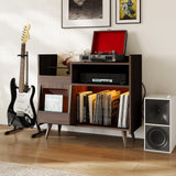 Garvee Large Record Player Stand Vinyl Storage Cabinet with LED Light Charging Station Sliding Door Brown 33.5"W x 14.2"D x 31.3"H - Brown