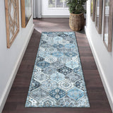 Garvee Trellis Runner Rug 2x6 Non-Slip Washable Faux Wool Ultra-Soft Vintage Style for Kitchen, Bathroom, Laundry Room - Grey-Blue