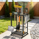 Garvee Garden Tool Organizer Rack Heavy-Duty Metal 3-Tier Storage With Shelves & Hooks For Yard Shed Lawn 17"x15"x30" Black
