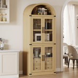 Garvee Arched Pantry Cabinet with Doors 71.4in Tall Wood Bookcase with 2 Drawers Farmhouse Kitchen Cupboard Modern Display Storage Cabinet for Kitchen, Dining Room, Bathroom - Natural