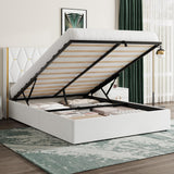 Garvee Queen Size Lift Up Storage Bed Frame with Gold Wingback Headboard, Velvet Upholstered, Diamond Tufted, Hydraulic Support, White - White