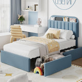Garvee Twin Bed Frame for Kids, Blue, Boucle Upholstered Platform Bed with 2 Flexible Drawers and Bookcase Headboard, Noise-Free, Easy Assembly - Blue