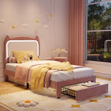 Garvee Kids Bed Frame with Storage Drawer & Cat Headboard, Upholstered Princess Platform Bed, Pink & White, Sturdy Wood Slats, No Box Spring Needed - Pink, Drawer