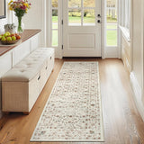 Garvee Floral Kitchen Rugs 2x6, Washable Non Slip Distressed Print Entryway Mat, Ultra Thin Low Pile Runner Rug for Hallway Laundry Bathroom, Beige - Floral/Beige
