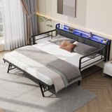 Garvee Twin Daybed with Trundle, Charging Station, LED Light, Linen Upholstered Storage Headboard, Heavy Duty Metal Frame, Black for Living Room, Bedroom, Guest Room
