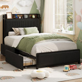 Garvee Twin XL Size Bed Frame with Storage Headboard Black Corduroy Upholstered Twin Platform Bedframe with Storage Drawers and Charging Station No Box Spring Needed Noise Free Black
