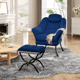Garvee Ergonomic Lounge Chair With Ottoman, Contoured Armrests, High Back, Foldable Steel Frame, Soft Breathable Velvet, Living Room & Bedroom, Space-Saving, Durable, Black - Blue 100 Dutch Velvet Hlr-60