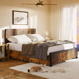 Garvee Full Bed Frame with Storage, 4 Drawers, Rustic Wood and Metal, Noise Free, No Box Spring Needed, Industrial Style - Vintage