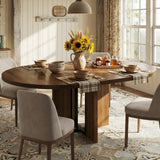 Garvee 47"-63" Extendable Round Oval Dining Table, Farmhouse Wooden Expandable Kitchen Table, Wider Leg, Sturdy Metal Support, Walnut, Space Saving - Walnut