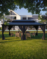 Garvee Hardtop Gazebo Double Metal Roof 12 ft x 20 ft Gray for Patio Deck Backyard Lawn Garden - Black Spray + Gray Cloth Black Mesh