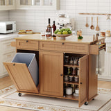Garvee Kitchen Island with Storage, 55" Wide Rolling Island Cart on Wheels with Towel Rack, Spice Rack, Knife Holder, Trash Can Storage, Portable Mobile Island for Kitchen, Brown