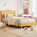 Garvee Upholstered Full Size Bed Frame for Kids with Scallop Headboard, Yellow, Sturdy Platform Bed, Noise Free, No Box Spring Needed