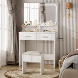 Garvee Vanity Desk with Mirror and Lights, 3 Color Modes Makeup Vanity with Cushioned Stool, 2 Drawers & Charging Station, Modern Dressing Table for Bedroom, White - White