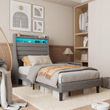 Garvee Twin Bed Frame with Charging Station, LED Lights, Upholstered Headboard, Twin Size, Grey - Grey