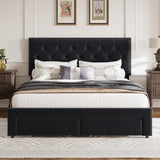 Garvee Queen Size Bed Frame with 2 Storage Drawers, Vintage Velvet Headboard, Upholstered Platform, Wooden Slat Support, Black - Black