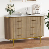 Garvee Fluted 6 Drawer Dresser Mid Century Modern Wooden Chest with Faux Marble Top Gold Handles Oak 47.2in - Oak