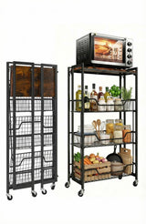 Garvee Large 4-Tier Wooden Folding Kitchen Storage Shelf With Lockable Wheels For Kitchen, Garage, Bathroom, Living Room, Heavy Duty, Space-Saving, No Assembly, Natural Wood Color