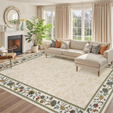 Garvee Floral Washable 9x12 Rug Beige Vintage Soft Large Floor Carpet for Living Room Bedroom Dining Room - Beige