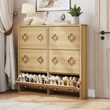 Garvee Shoe Cabinet with 6 Flip Drawers, Adjustable Shelves, Flower Pattern & Diamond Handle, Slim Wooden Organizer for Entryway, Natural - Natural Wood Color