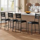 Garvee Set of 4 Bar Stools with Backrest, Wooden Counter Height Stools, Faux Leather Upholstered Seats, Thick Cushion, Black - Black Wood Grain