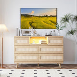 Garvee Natural Rattan Dresser for Bedroom with LED Light and Charging Station, 6 Drawer Double Dressers, Modern Wooden Dresser Chest, Beside Table for Closet, Nursery, Living Room, Natural - Natural
