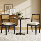 Garvee Rattan Dining Chairs Set of 2 French Country Upholstered Dining Chairs Wood Frame Rattan Backrest Armless Chair Kitchen Restaurant Dining Room Bedroom Linen Black