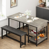 Garvee Dining Table Set for 4 with Upholstered Benches, Storage Drawer & Wine Rack, Space-Saving Kitchen Dining Room Table, 59" x 28", Grey - Grey