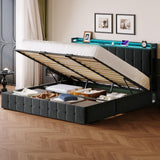 Garvee King Bed Frame with Lift Up Storage, Upholstered Velvet, LED Lights, Hydraulic Support, Black - Black & Lights