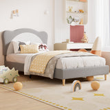 Garvee Twin Size Bed Frame for Kids - Velvet Princess Platform Bed with Upholstered Headboard, Solid Wood Slats, Gray + White