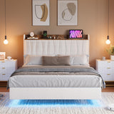 Garvee King Size Floating Bed Frame With Upholstered Storage Headboard, Charging Station, LED Lights, Linen Fabric, White, Modern Bedroom - White