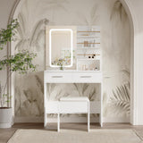 Garvee Vanity Desk with Mirror and Lights, Makeup Vanity with 2 Drawers, Open Storage Shelves, Adjustable LED Lighting, Bedroom Dressing Table, White