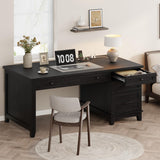 Garvee 53.5" Farmhouse Wood Desk with Drawers, Adjustable File Cabinet, Power Outlets, Black, Home Office and Study