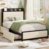 Garvee Twin Size Bed Frame with Storage Headboard, Black Corduroy Upholstered, Platform Bed with Drawers and Charging Station, Noise-Free, No Box Spring Needed