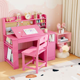 Garvee Ergonomic Kids Study Table and Chair Set with Tiltable Desktop and Storage Cabinet, Pink - Pink