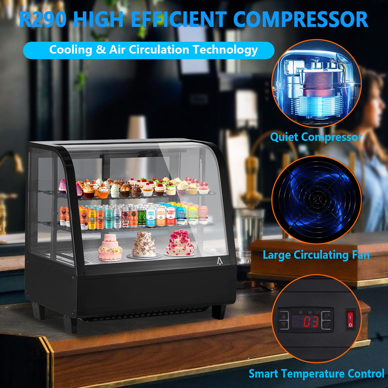 Garvee 100L/3.6 Cu.Ft Commercial Cake Display Refrigerator, Single-Door Fridge with LED Lighting, Floor Refrigerator for Home Store Office