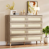 Garvee Rattan Dresser 8 Drawers Modern Wooden Double Dresser TV Stand 47.2in Natural
