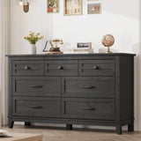 Garvee 7 Drawer Dresser for Bedroom, 54 in Wide Wooden Storage Chest, Black, Freestanding - Black