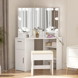 Garvee Corner Vanity Mirror with Lights and Table Set & Power Outlet, Makeup Vanity Table with Lights with 2 Drawers & Stool, 3 Ligthing Color Vanity Desk, White
