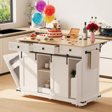Garvee 54" Kitchen Island with Drop Leaf & Power Outlet - Large Rolling Cart with Trash Cabinet, 2 Sliding Barn Doors, 3 Drawers, Spice & Towel Racks, White - White