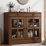 Garvee 35.4 in Walnut Sideboard Buffet Cabinet with Glass Door, Drawer Storage for Dining Room and Kitchen, Modern Design, Adjustable Shelves, Soft-Close