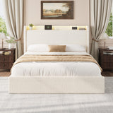 Garvee Queen Size Boucle Bed Frame with Storage Headboard, Charging Station, LED Lights, 4 Storage Drawers, Beige, Upholstered Platform Bed, Noise Free, No Box Spring Needed - Beige