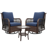 Garvee Outdoor Swivel Wicker Glider Patio Chairs with Table Set 3 Pieces Bistro Set 4" Thick Cushions Beige for Porch Balcony Deck - Blue