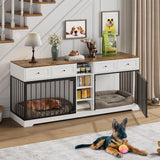 Garvee Wooden Double Dog Crate TV Stand 82" Heavy-Duty 2-Dog Indoor Kennel with 4 Drawers & Open Shelves White Brown Black - White/Brown